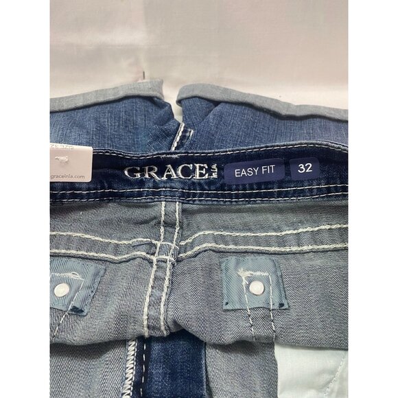 Nwt Grace in LA Women's Embellished Pocket Denim SZ 32 Easy Fit Distressed Short - Picture 13 of 15